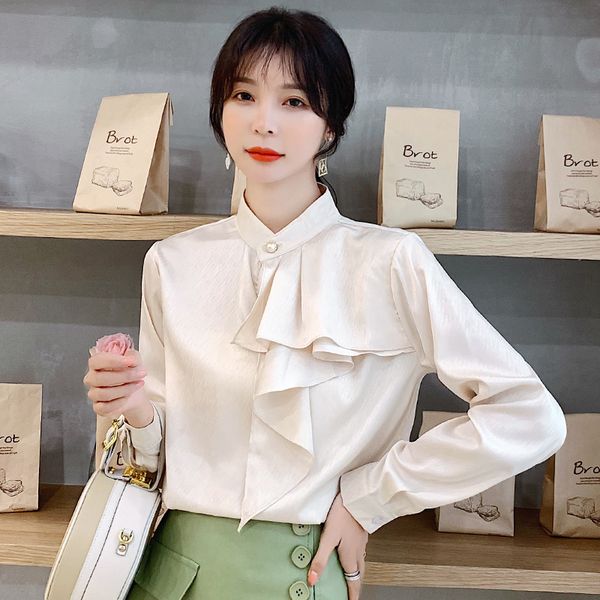 2019 new fashion casual women shirts ruffles + natural satin blouse shirt red blue apricot 8002, White