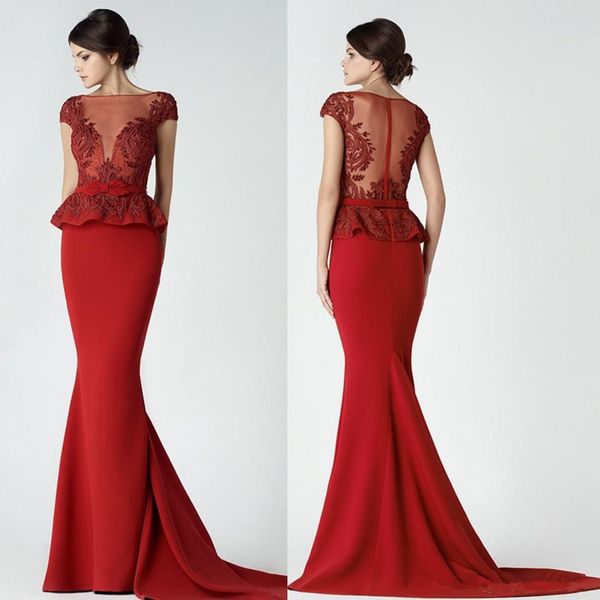 red saiid kobeisy dresses evening wear mermaid sheer bateau neck transparent back peplum evening gowns sweep train formal dress with sash 40, Black;red
red saiid kobeisy dresses evening wear mermaid sheer bateau neck transparent back peplum evening gowns sweep train formal dress with sash 40, Black;red