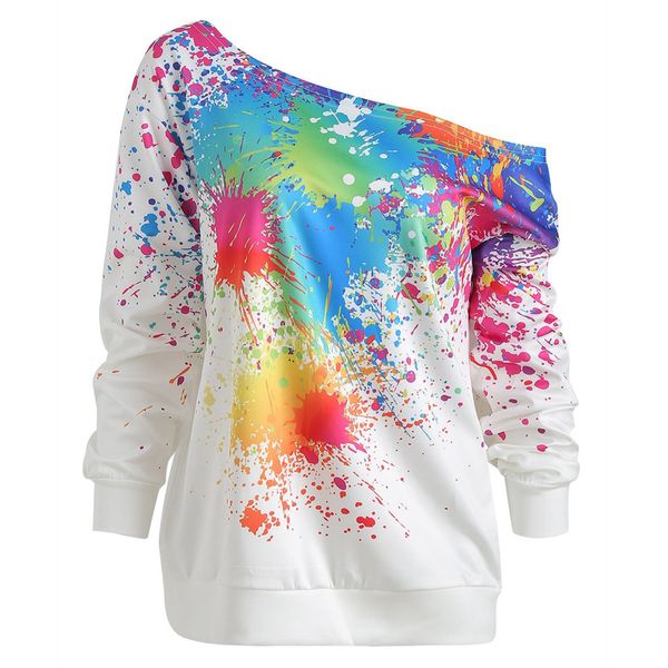 

fashion women skew neck long sleeve long section candy colors one word collar paint splatter print sweatshirt top, White