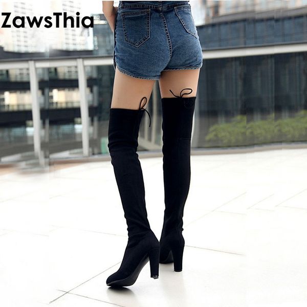 

zawsthia 2018 winter new stretch fabric thigh boots high heels shoes for woman over the knee high boots women overknee, Black