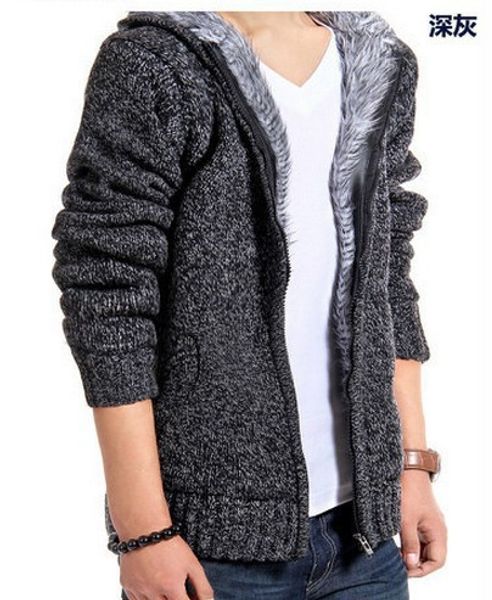 men's autumn winter fashionable casual solid color thick knitted fleece lining hooded cardigan, White;black
men's autumn winter fashionable casual solid color thick knitted fleece lining hooded cardigan, White;black