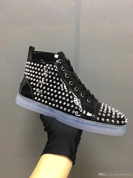 men's casual red soles shoe spikes patent leather sneakers shoes transparent side bottom red spiked shoes for men,women trainers i, Black
men's casual red soles shoe spikes patent leather sneakers shoes transparent side bottom red spiked shoes for men,women trainers i, Black