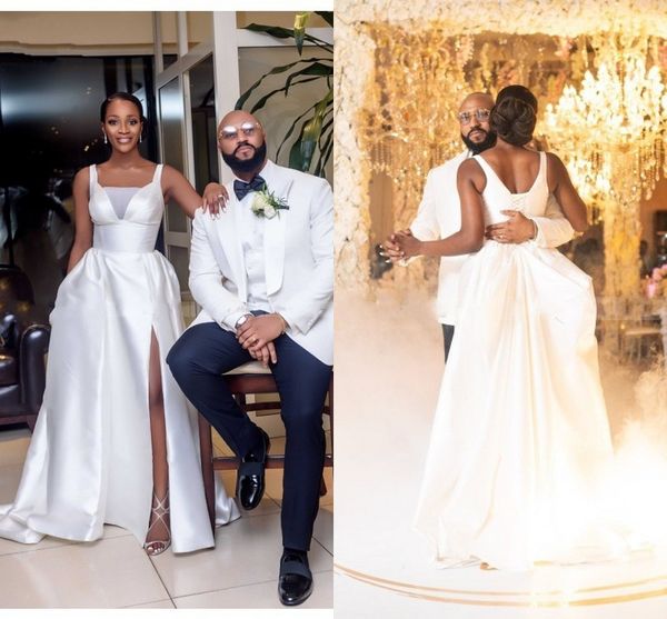 2022 simple high slit wedding dress with straps satin a line square neck corset back long wedding dresses bridal gowns custom made, White
2022 simple high slit wedding dress with straps satin a line square neck corset back long wedding dresses bridal gowns custom made, White