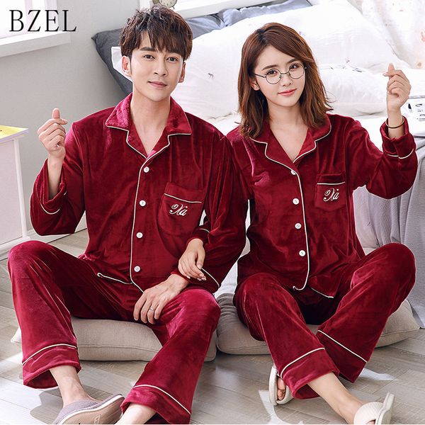 

bzel couples pajamas sets long sleeve sleepwear velvet pyjamas women lovers pijama mujer turn-down collar sleep lounge underwear, Blue;gray