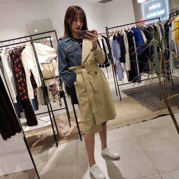 celebrity denim patchwork trench claasic khaki turn down collar belt knee length windbreaker casaco feminino women trench coats, Tan;black
celebrity denim patchwork trench claasic khaki turn down collar belt knee length windbreaker casaco feminino women trench coats, Tan;black