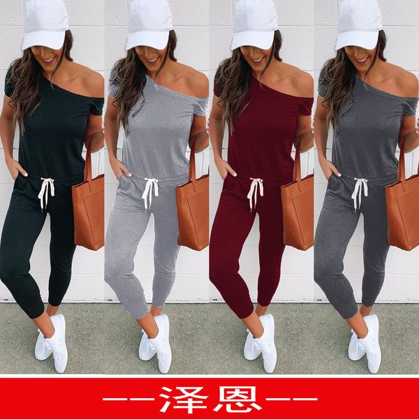 spring and summer european and american popular off shoulder short sleeve pocket lace up diagonal shoulder jumpsuit, Black;white
spring and summer european and american popular off shoulder short sleeve pocket lace up diagonal shoulder jumpsuit, Black;white