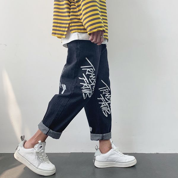2019 spring and summer new japanese men's solid color loose harlan straight nine points casual printing ins old jeans, Blue
2019 spring and summer new japanese men's solid color loose harlan straight nine points casual printing ins old jeans, Blue