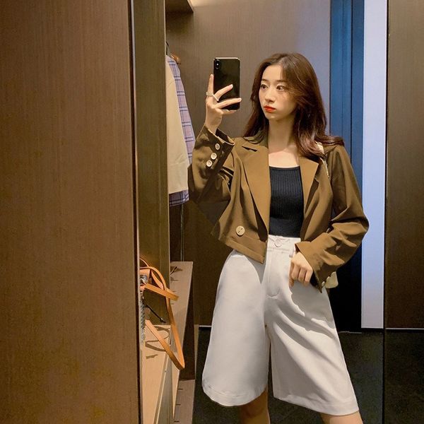 women turn-down collar long sleeve cropped blazers notched 2019 autumn solid short jacket work coat solid brown outerwear, White;black
women turn-down collar long sleeve cropped blazers notched 2019 autumn solid short jacket work coat solid brown outerwear, White;black