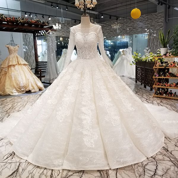 2019 muslim long sleeve wedding gown long train o-neck lace up back selling detail applique swollen bride wedding dresses ing, White 
2019 muslim long sleeve wedding gown long train o-neck lace up back selling detail applique swollen bride wedding dresses ing, White