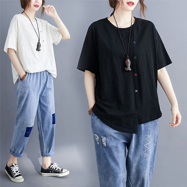 large size women's fashion cotton t-shirt female 2020 summer loose embroidery irregular stitching short-sleeved t-shirt female, White
large size women's fashion cotton t-shirt female 2020 summer loose embroidery irregular stitching short-sleeved t-shirt female, White