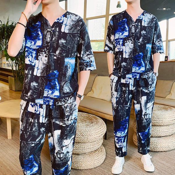 fashion loose casual long trousers designer homme short sleeve set mens printed chinese style tshirt set, White;black
fashion loose casual long trousers designer homme short sleeve set mens printed chinese style tshirt set, White;black
