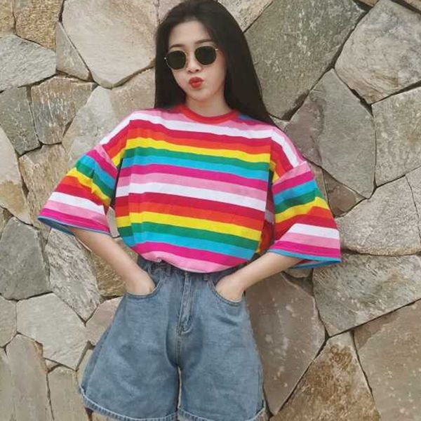new streetwear rainbow color stripes women t-shirt casual summer half sleeve loose rainbow striped t shirt tee top, White
new streetwear rainbow color stripes women t-shirt casual summer half sleeve loose rainbow striped t shirt tee top, White