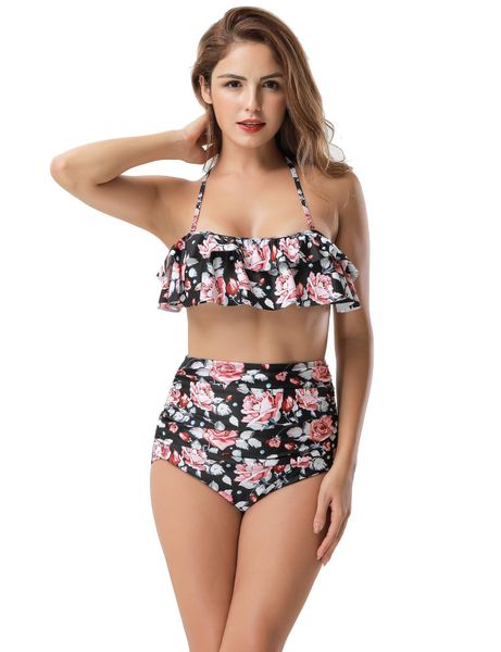 clearance sale female two piece ruffle edge halter swimwear big size strappy halter tankini for women, White;black
clearance sale female two piece ruffle edge halter swimwear big size strappy halter tankini for women, White;black