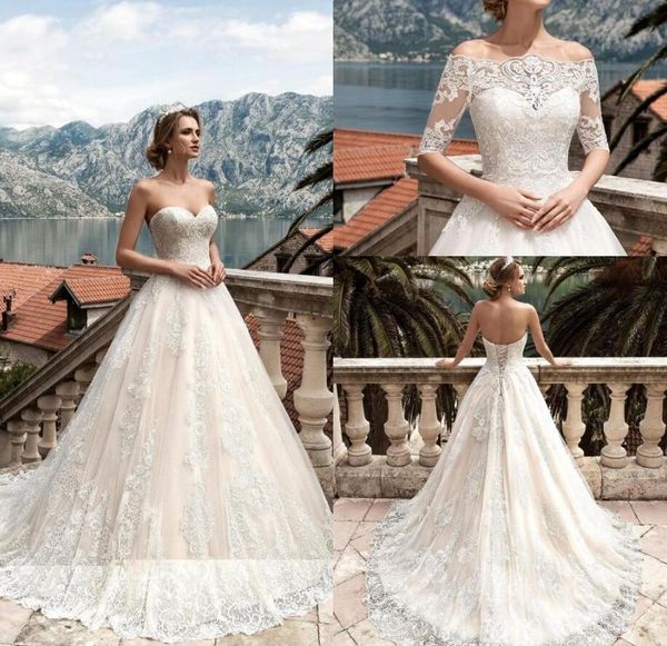 vestidos de noiva 2017 wedding dresses with detachable half long sleeves lace appliqued bridal gowns corset back custom made wedding gowns, White
vestidos de noiva 2017 wedding dresses with detachable half long sleeves lace appliqued bridal gowns corset back custom made wedding gowns, White