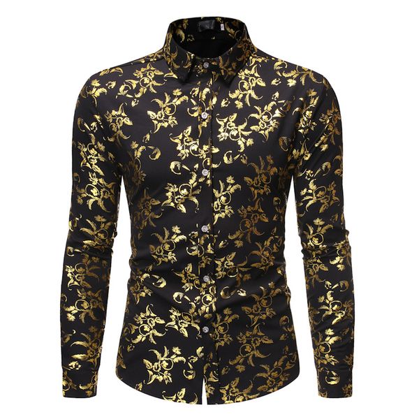 shiny gold floral print nightclub shirt men chemise homme 2020 fashion slim fit long sleeve mens dress shirts party tuxedo shirt, White;black 
shiny gold floral print nightclub shirt men chemise homme 2020 fashion slim fit long sleeve mens dress shirts party tuxedo shirt, White;black