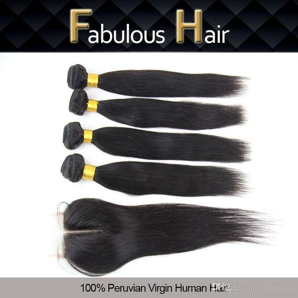 fabulous 5a natural color peruvian straight 1pc middle part 3.5x4inch hair closure with 4pcs virgin hair bundles, human hair extension, Black