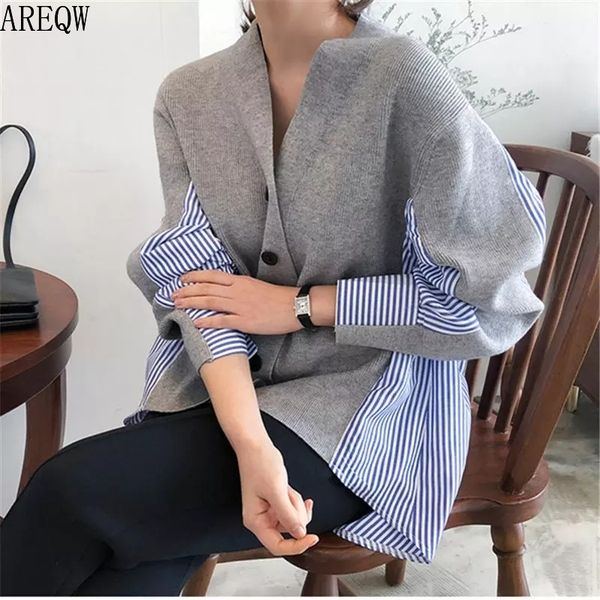 spring and autumn 2019 new tide net red shirt stitching fake two knitted cardigan women's foreign style v-neck sweater coat, White
spring and autumn 2019 new tide net red shirt stitching fake two knitted cardigan women's foreign style v-neck sweater coat, White
