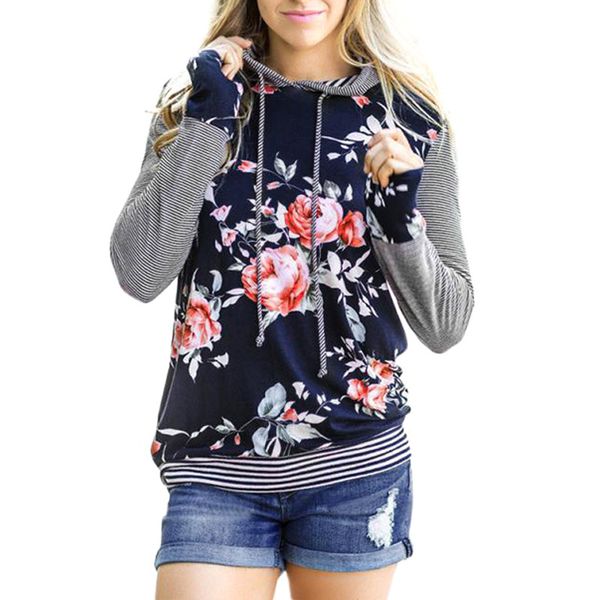 autumn spring women stripe flower print hoodies hooded sweatshirts slim fit tracksuit 19ing, Black