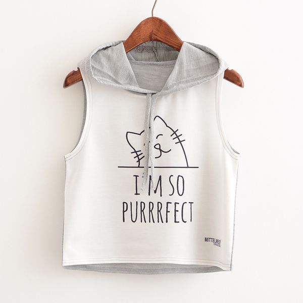 2019 summer new women's gimmick kitten and letter printed hooded short section leaking navel sleeveless female tees, White
2019 summer new women's gimmick kitten and letter printed hooded short section leaking navel sleeveless female tees, White