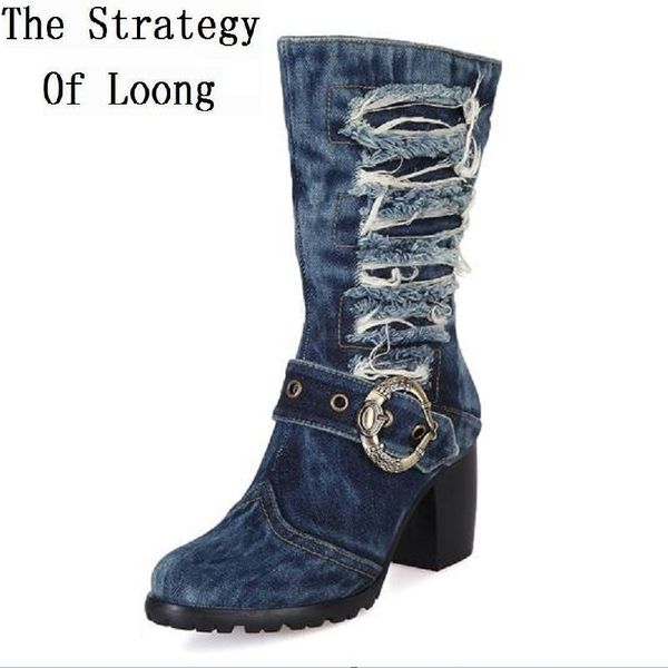 women vintage denim thick high heels short boots 2019 new fashion autumn winter jean knight combat boots sxq0602, Black
women vintage denim thick high heels short boots 2019 new fashion autumn winter jean knight combat boots sxq0602, Black