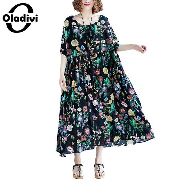 

oladivi plus size women clothing summer casual loose ladies cotton linen short sleeve maxi long bohemian dresses female vestido, Black;gray