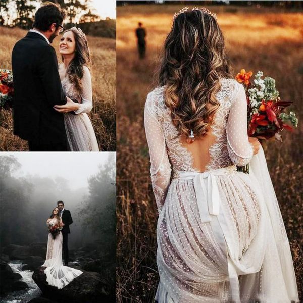 bohemian wedding dresses long sleeves v neck lace applique backless sweep train boho beach country plus size bridal gowns, White
bohemian wedding dresses long sleeves v neck lace applique backless sweep train boho beach country plus size bridal gowns, White
