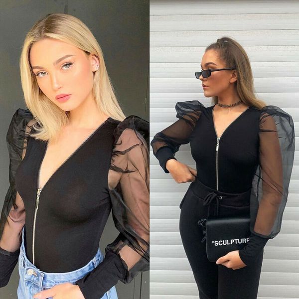 women puff sleeve bodycon zipper front jumpsuit romper bodysuit leotard top, Black;white
women puff sleeve bodycon zipper front jumpsuit romper bodysuit leotard top, Black;white