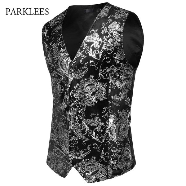 

paisley flower steampunk suit vest men 2018 classic v neck slim fit single breasted flannel waistcoat mens marriage gilet homme, Black;white