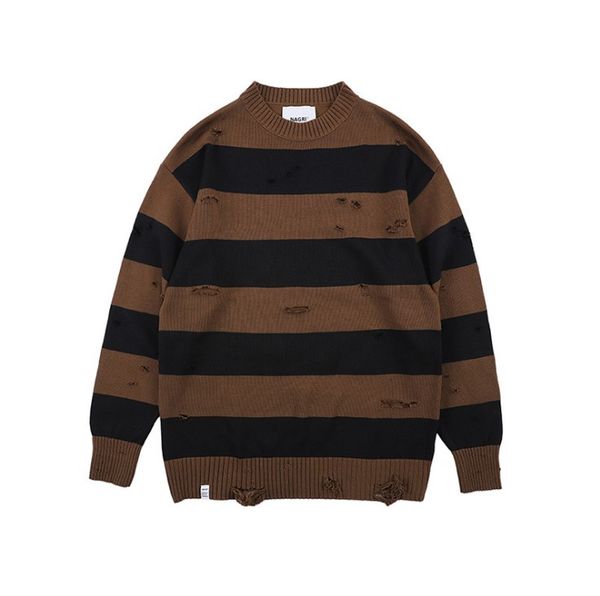Stripe Destroyed Street Sweater With Hole Men Round Neck Men's Sweater Fashion Sweaters for Men Streetwear Clothing