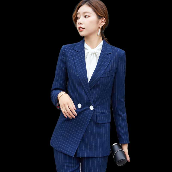 women's two piece pants formal wear women suits blazer set spring blue striped jacket trousers costume for lady suit office, White
women's two piece pants formal wear women suits blazer set spring blue striped jacket trousers costume for lady suit office, White
