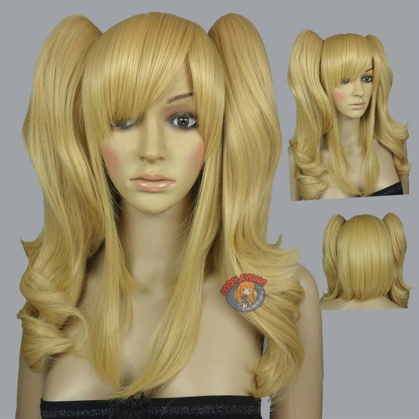 18 inch heat resistant beige blonde cosplay wig with clip-on ponytails, Black 
18 inch heat resistant beige blonde cosplay wig with clip-on ponytails, Black