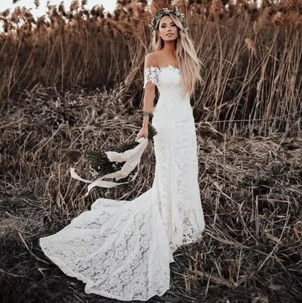 stylish mermaid lace beach wedding dresses off the shoulder bohemia bridal gowns sweep train plus size boho vestido de novia, White
stylish mermaid lace beach wedding dresses off the shoulder bohemia bridal gowns sweep train plus size boho vestido de novia, White