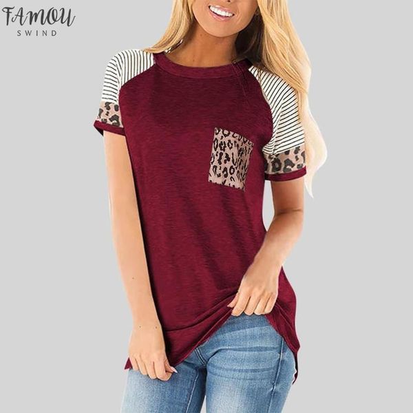 pocket leopard t shirt patchwork casual women tshirt tunic ladies summer female short sleeve shirt petal sleeve blusas pullover, White