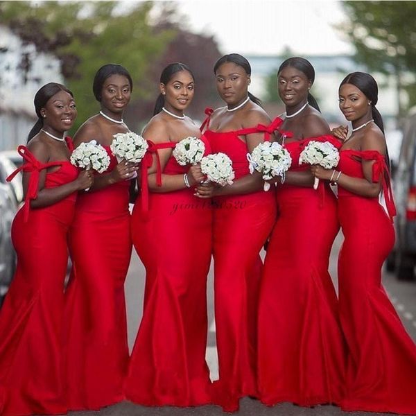 red african mermaid bridesmaid dresses off shoulder sweep train garden country wedding guest gowns maid of honor dress plus size, White;pink
red african mermaid bridesmaid dresses off shoulder sweep train garden country wedding guest gowns maid of honor dress plus size, White;pink