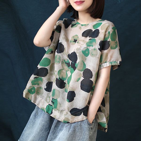 women's t-shirt linen polka dot t shirt o neck short sleeve vintage loose camo style, White
women's t-shirt linen polka dot t shirt o neck short sleeve vintage loose camo style, White