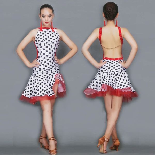 latin dance costume sparkly rhinestones white polka dot latin competition dance dress for women backless show costume, Black;red
latin dance costume sparkly rhinestones white polka dot latin competition dance dress for women backless show costume, Black;red
