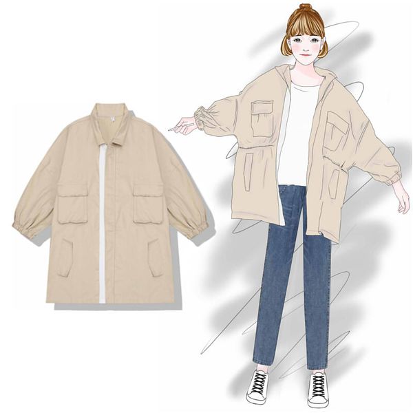 2019 new fashion women's clothing spring slim loose solid color windbreaker jacket female long section, Tan;black
2019 new fashion women's clothing spring slim loose solid color windbreaker jacket female long section, Tan;black