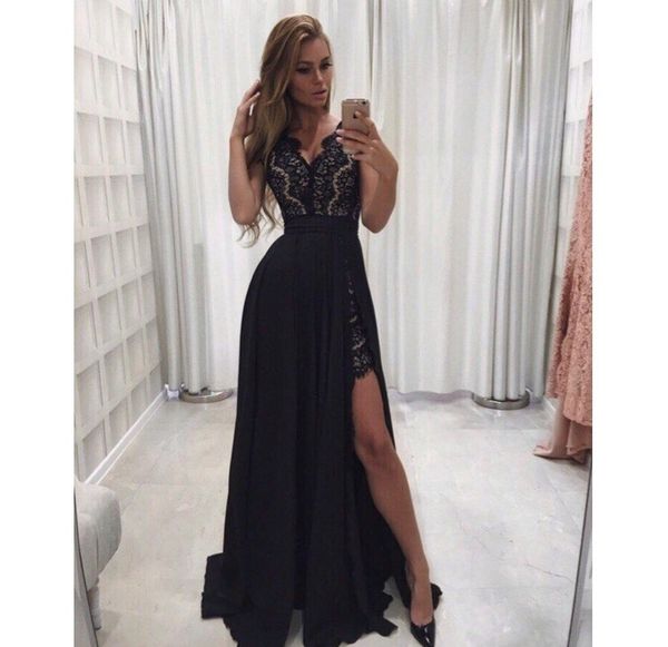 2019 black prom dresses v neck a line chiffon long evening gowns with front silt party dress
2019 black prom dresses v neck a line chiffon long evening gowns with front silt party dress