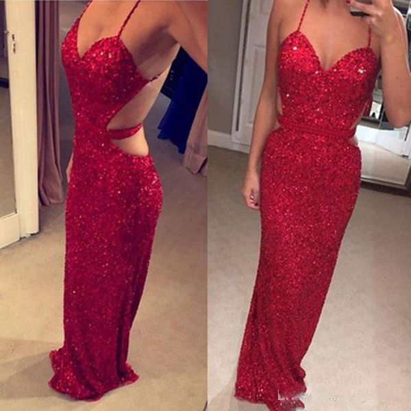 spaghetti straps red sequined prom dresses long cutaway sides backless sleeveless party dresses formal sheath prom gowns, Black
spaghetti straps red sequined prom dresses long cutaway sides backless sleeveless party dresses formal sheath prom gowns, Black
