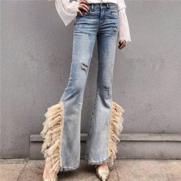 2019 fashion streetwear women european heavy work lace ribbon beaded thin genuine trumpet side split flare denim jeans pants, Blue
2019 fashion streetwear women european heavy work lace ribbon beaded thin genuine trumpet side split flare denim jeans pants, Blue
