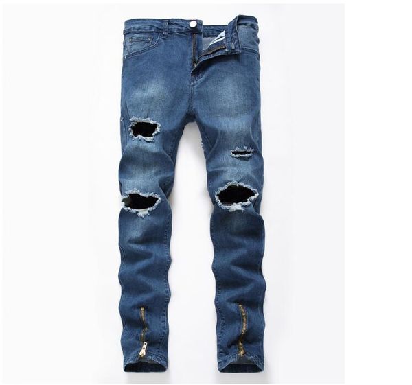 new slim skinny ripped jeans men hi-street mens distressed casual denim pants zipper knee holes washed destroyed trousers, Blue
new slim skinny ripped jeans men hi-street mens distressed casual denim pants zipper knee holes washed destroyed trousers, Blue