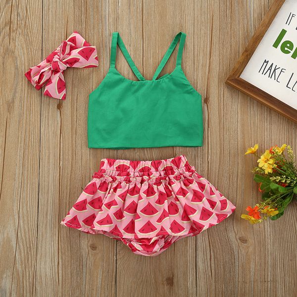 2020 summer girls sets baby vest and watermelon shorts headdress, White