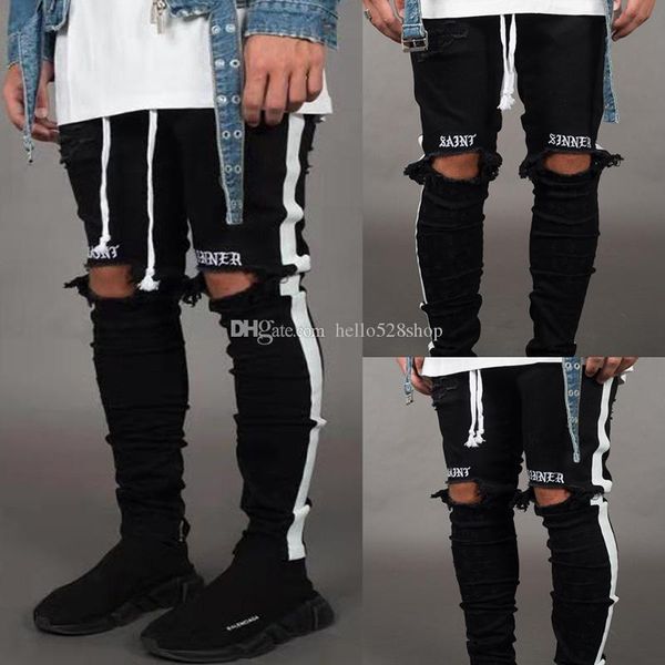 fashion stretch worn embroidered jeans pants for men black holes designer white striped jeans hip hop skateboard pencil pants, Blue
fashion stretch worn embroidered jeans pants for men black holes designer white striped jeans hip hop skateboard pencil pants, Blue