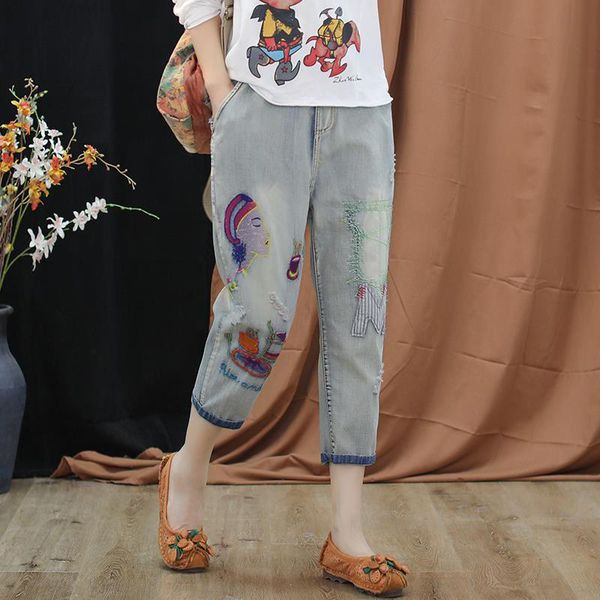 summer arts style women elastic waist jeans vintage embroidery casual harem pants hole loose calf-length pants plus size d428, Blue
summer arts style women elastic waist jeans vintage embroidery casual harem pants hole loose calf-length pants plus size d428, Blue