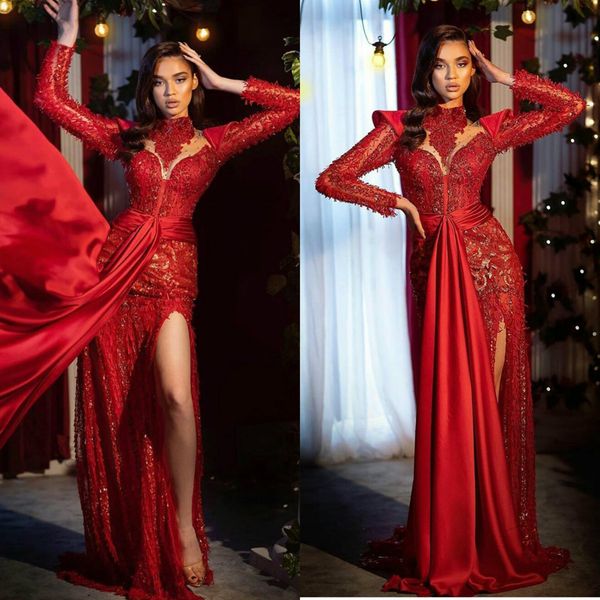 2020 elegant mermaid evening dresses high collar long sleeves lace sequins prom gowns custom made sweep train special occasion dress, Black;red
2020 elegant mermaid evening dresses high collar long sleeves lace sequins prom gowns custom made sweep train special occasion dress, Black;red