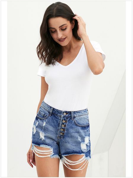 new style women's dress versatile large size high-waisted slimming single breasted mama high rise distressed denim shorts, Blue
new style women's dress versatile large size high-waisted slimming single breasted mama high rise distressed denim shorts, Blue