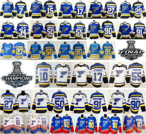 

st. louis blues 27 alex pietrangelo 10 schenn 17 jaden schwartz 50 binnington 55 colton parayko 91 vladimir 90 ryan o'reilly oreilly je, Black;red