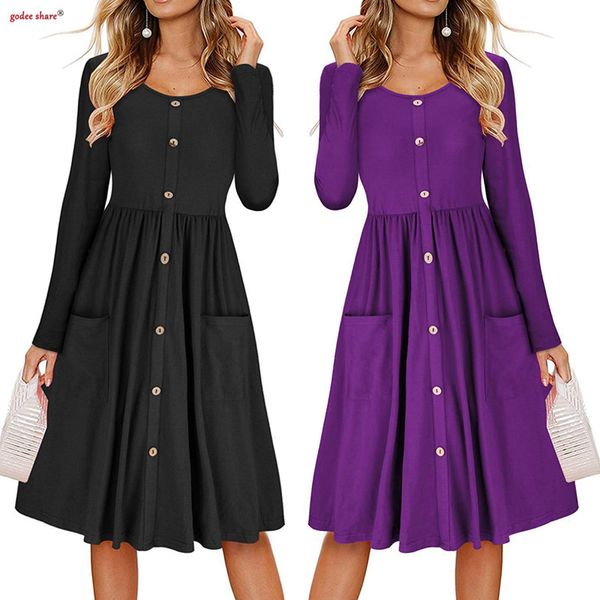 autumn round neck long sleeve dress for women button pocket collect waist big hem casual dresses femme clothes plus size xxl, Black;gray 
autumn round neck long sleeve dress for women button pocket collect waist big hem casual dresses femme clothes plus size xxl, Black;gray