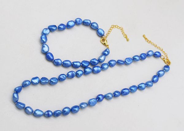 one set freshwater pearl blue baroque 8-10mm necklace bracelet 17inch, Silver
one set freshwater pearl blue baroque 8-10mm necklace bracelet 17inch, Silver