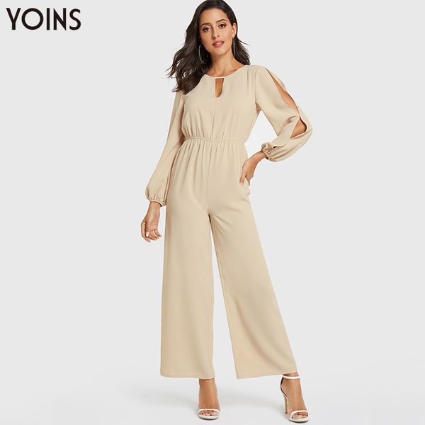 

yoins 2019 spring autumn winter ladies jumpsuits khaki cut out long sleeves stretch waistband zipper jumpsuit regular elegant, Black;white